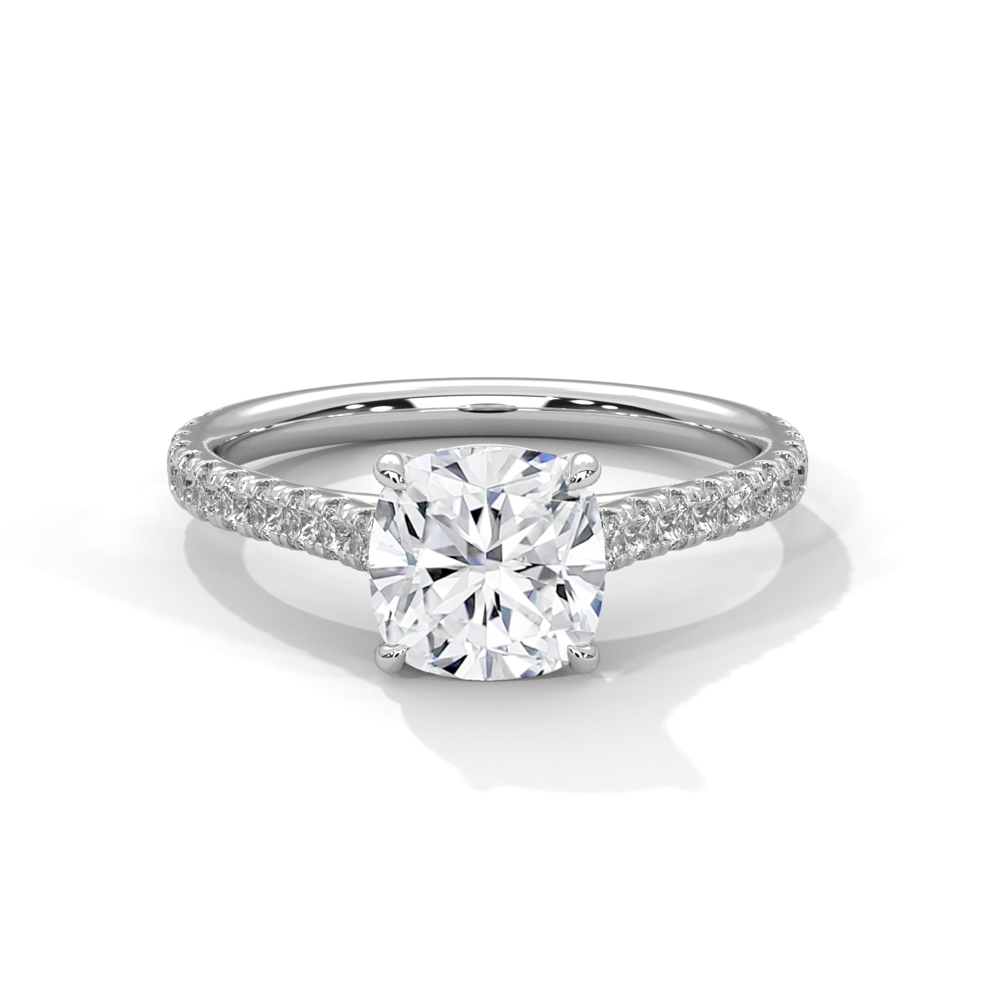 Cushion-Cut Engagement Ring Pave Band with 2ct Lab-Grown Diamond (F VS)