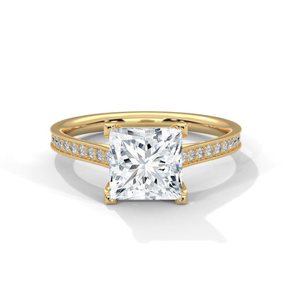 Princess-Cut Diamond Engagement Ring with Pave Band and 4-Prong Setting