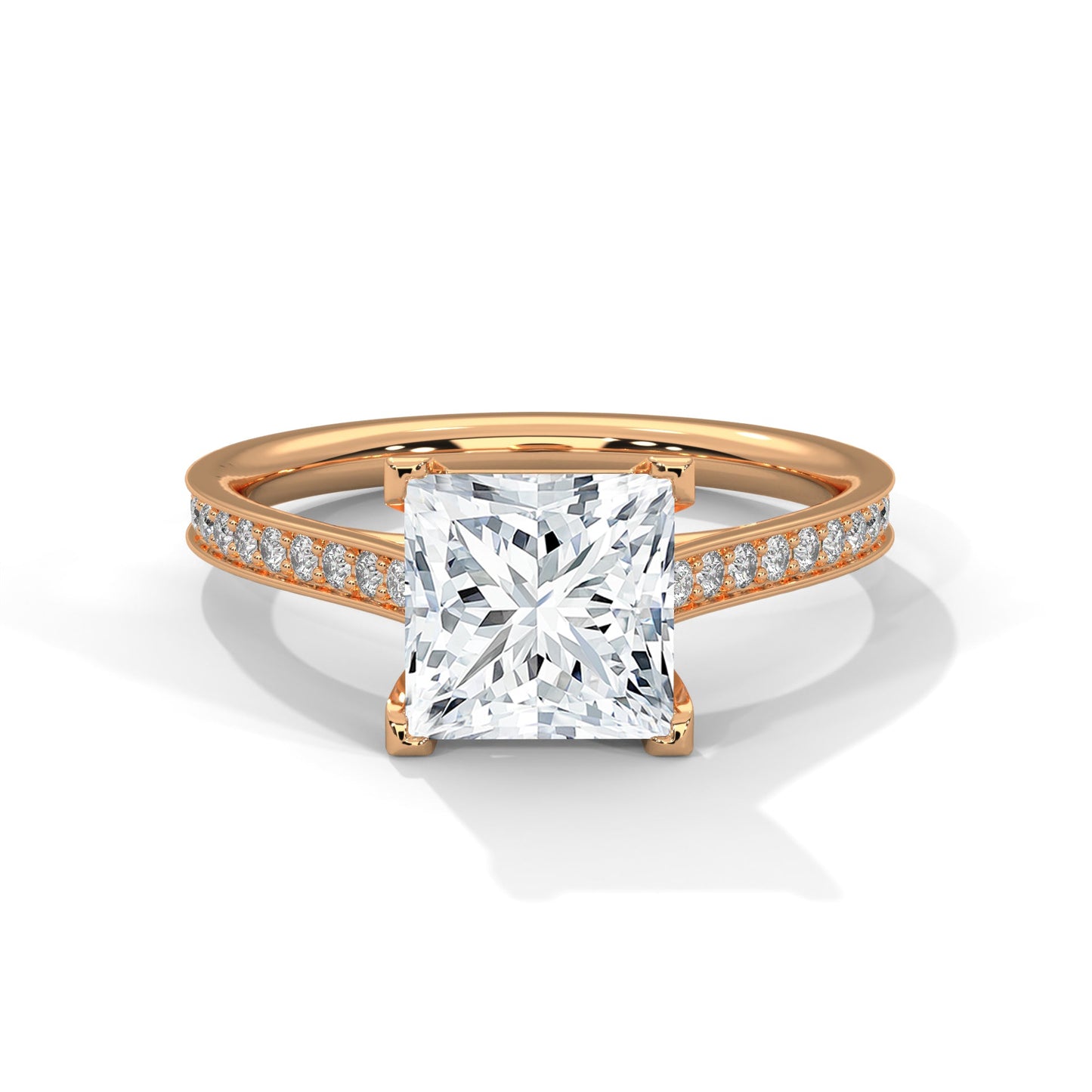 Princess-Cut Diamond Engagement Ring with Pave Band and 4-Prong Setting