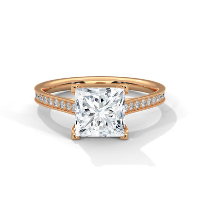 Princess-Cut Diamond Engagement Ring with Pave Band and 4-Prong Setting