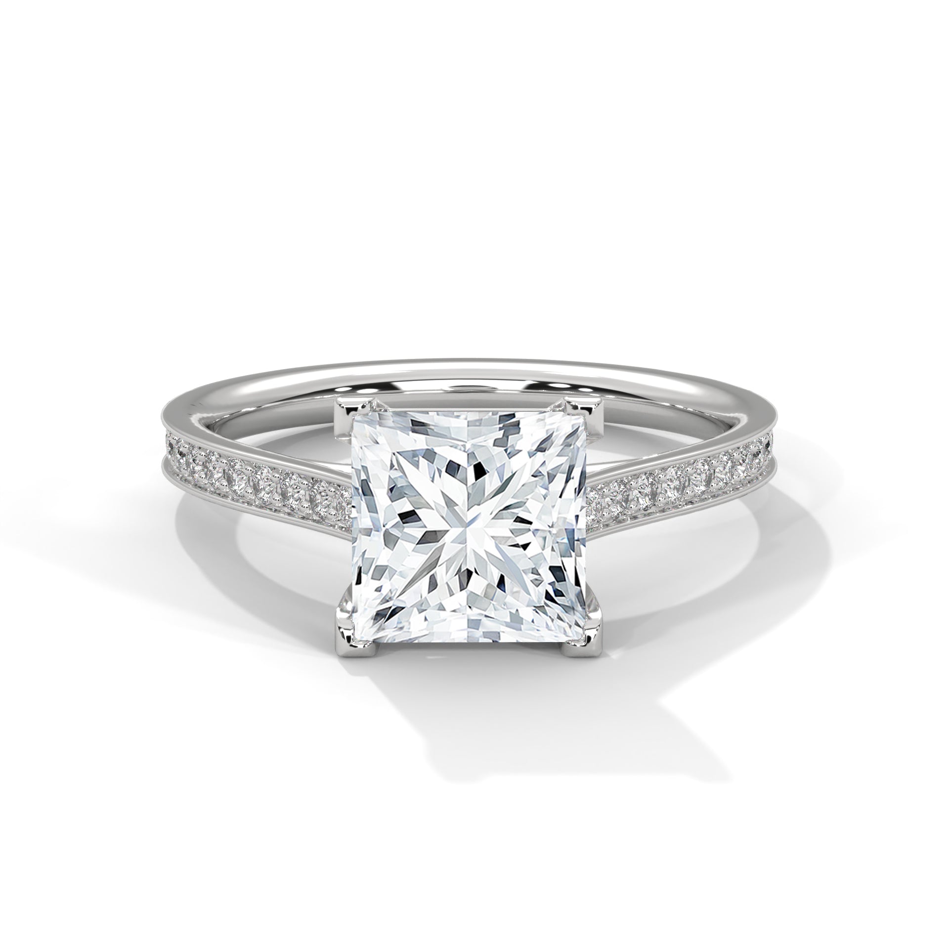 Princess-Cut Diamond Engagement Ring with Pave Band and 4-Prong Setting