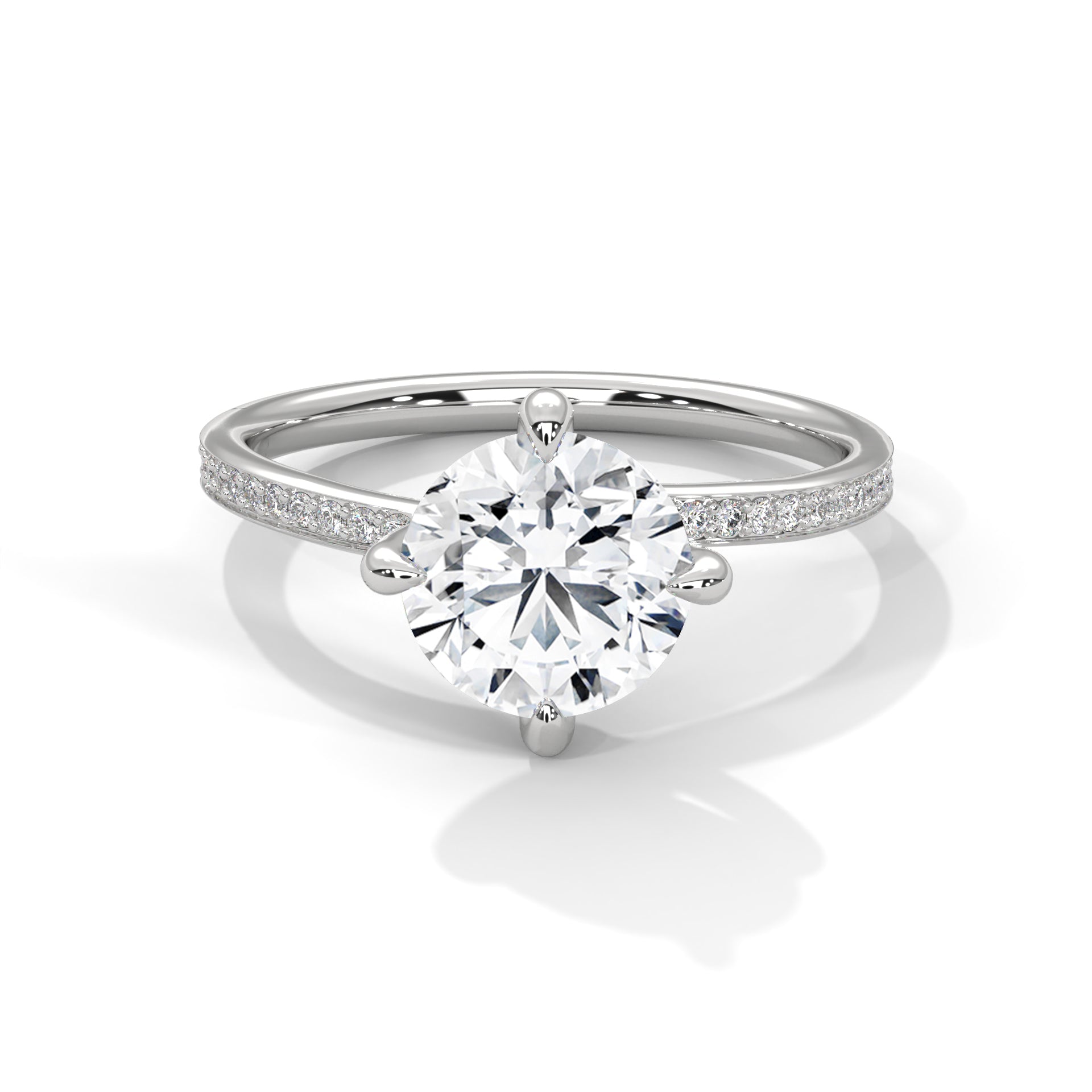 Solitaire Round-Cut Engagement Ring with Pave Band and 2ct Diamond