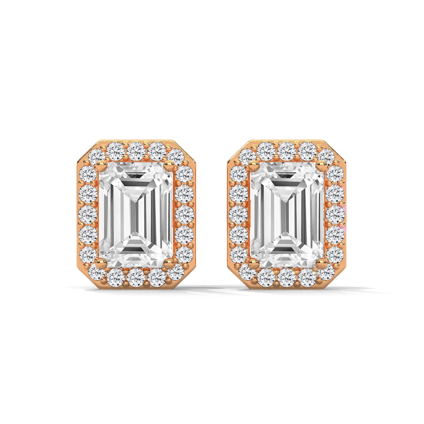 Emerald Cut Halo Diamond Stud Earrings | 14K Gold |2-6ctw | IGI Certified