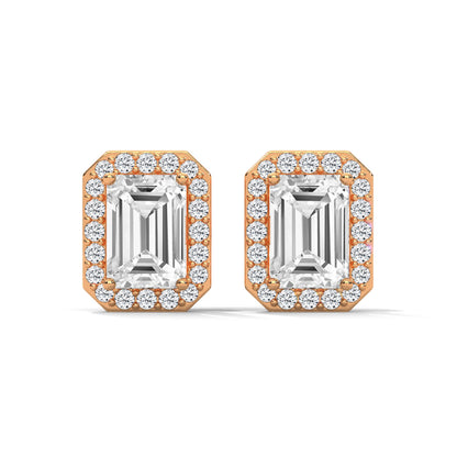 Emerald Cut Halo Diamond Stud Earrings | 14K Gold |2-6ctw | IGI Certified