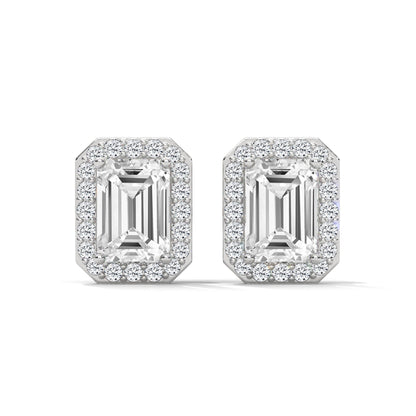 Emerald Cut Halo Diamond Stud Earrings | 14K Gold |2-6ctw | IGI Certified