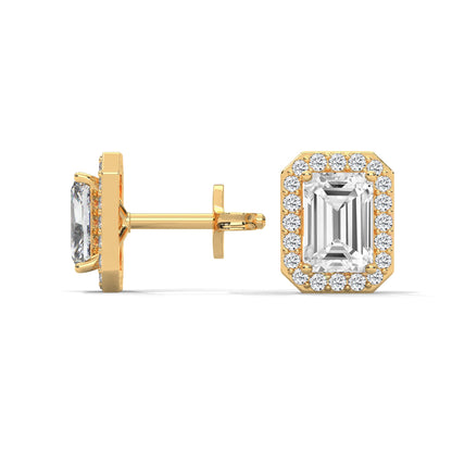 Emerald Cut Halo Diamond Stud Earrings | 14K Gold |2-6ctw | IGI Certified