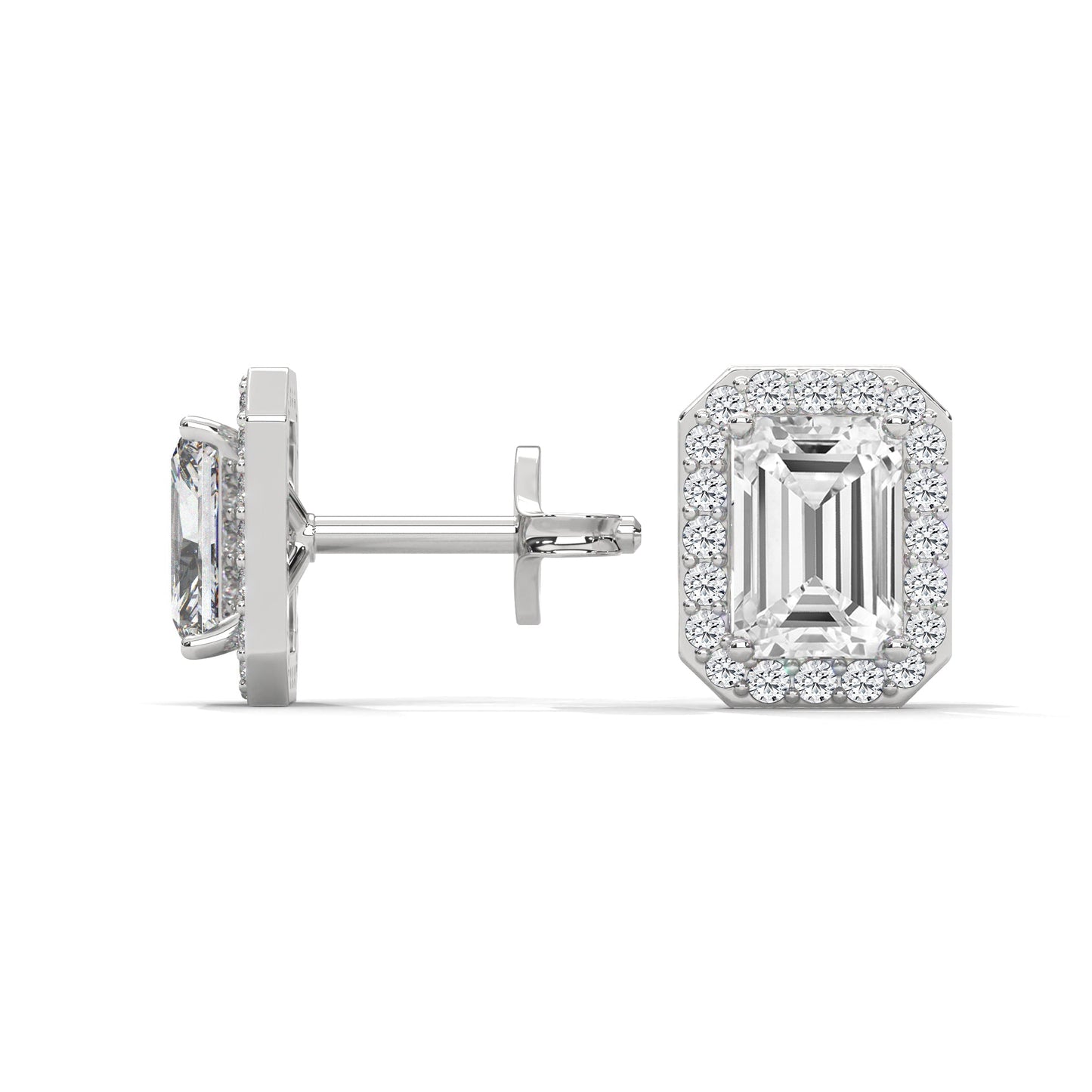 Emerald Cut Halo Diamond Stud Earrings | 14K Gold |2-6ctw | IGI Certified