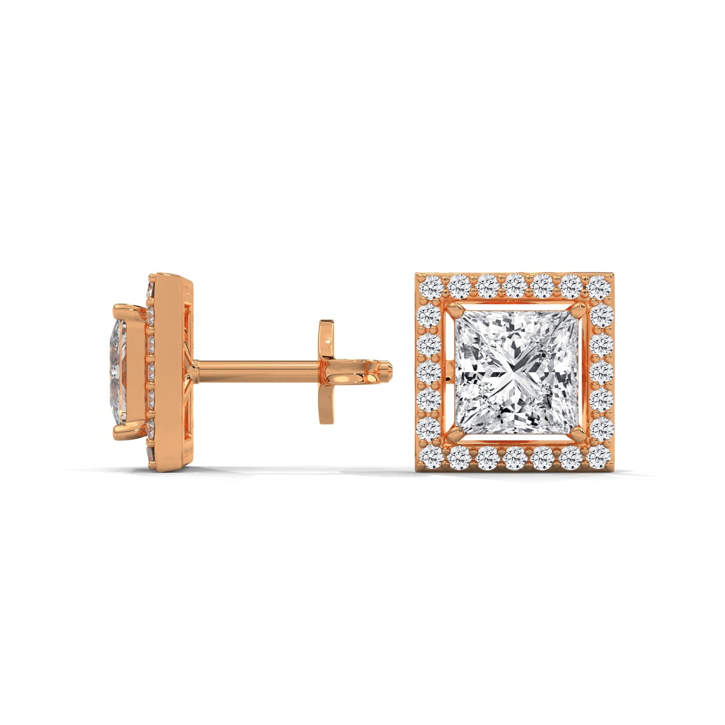 Princess Cut Halo Diamond Stud Earrings | 14K Gold | 2-6 CTW