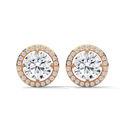 Round Cut Double Halo Diamond Stud Earrings | 14K Gold