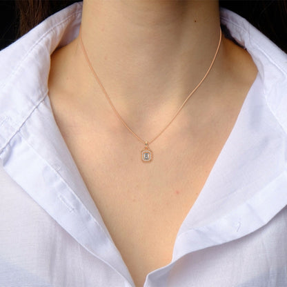 Imperial Elegance: 14K Gold Emerald-Cut Diamond Halo Pendant Necklace | 0.95 CTW