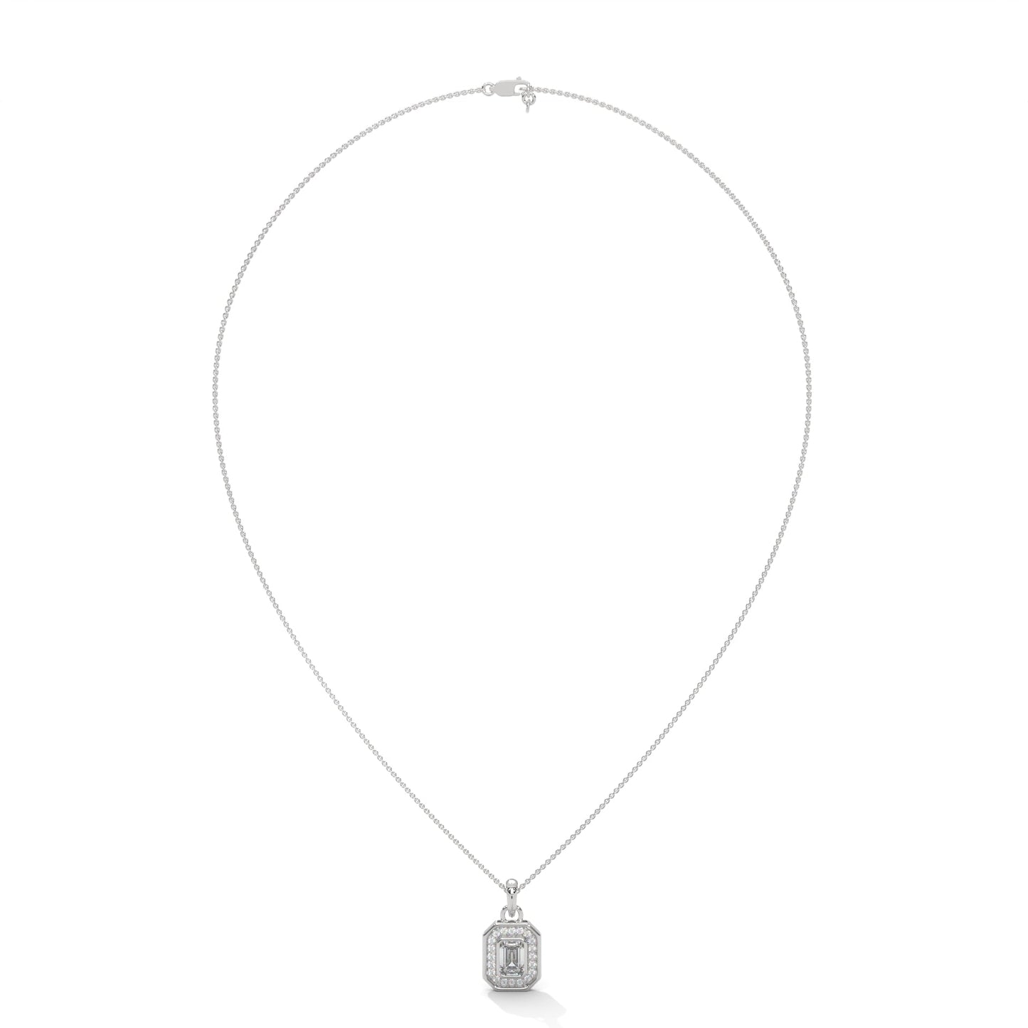 Imperial Elegance: 14K Gold Emerald-Cut Diamond Halo Pendant Necklace | 0.95 CTW