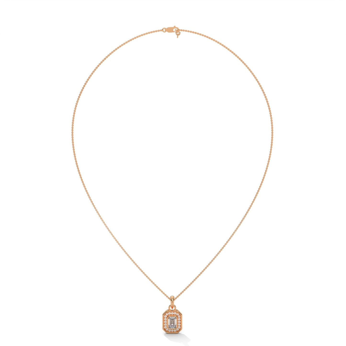 Imperial Elegance: 14K Gold Emerald-Cut Diamond Halo Pendant Necklace | 0.95 CTW