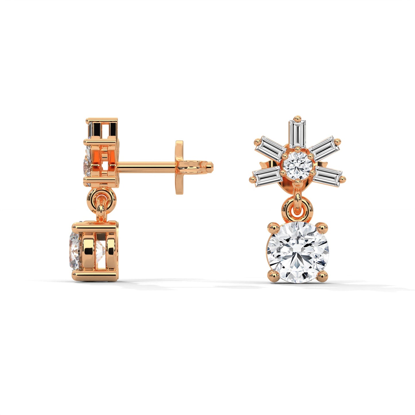 Elegant Starburst Round and Baguette Drop Earrings | 0.86 CTW