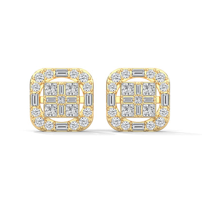 Square Princess & Baguette Diamond Halo Gold Earrings | 0.68 CTW