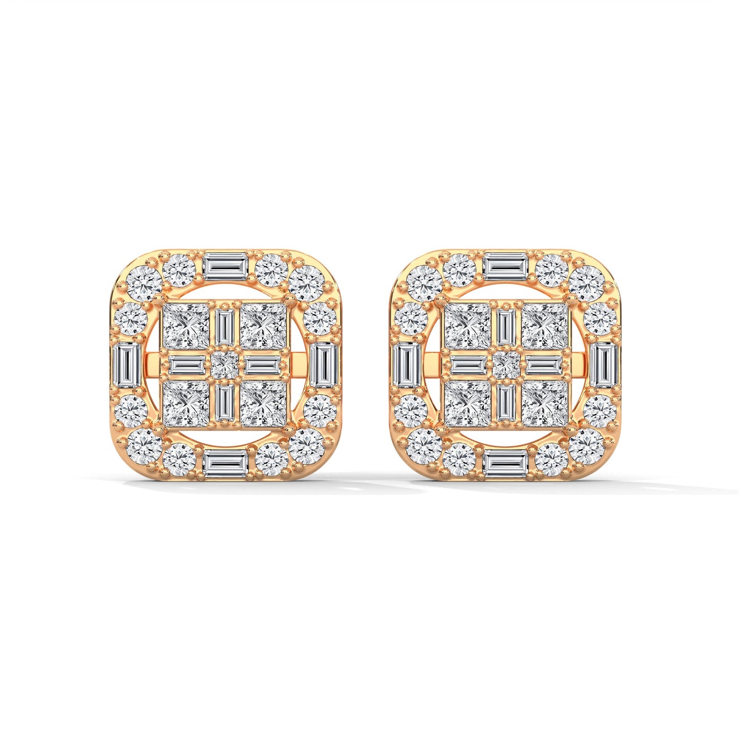 Square Princess & Baguette Diamond Halo Gold Earrings | 0.68 CTW