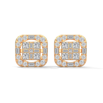 Square Princess & Baguette Diamond Halo Gold Earrings | 0.68 CTW