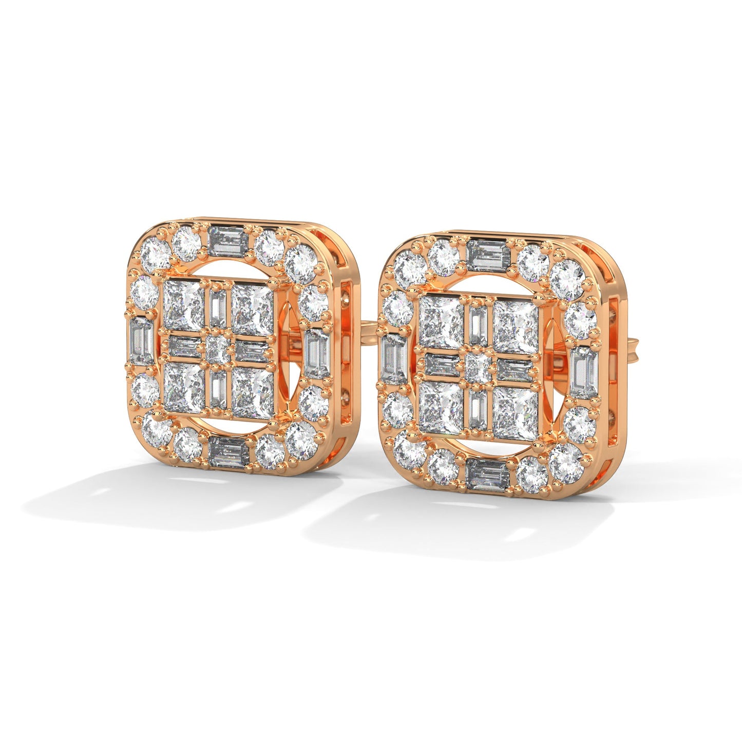 Square Princess & Baguette Diamond Halo Gold Earrings | 0.68 CTW