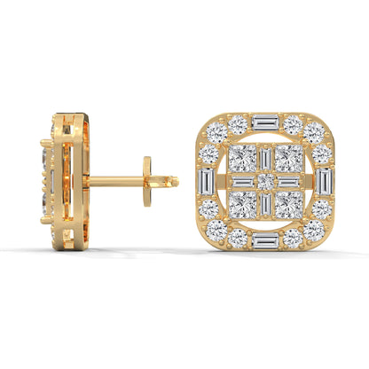 Square Princess & Baguette Diamond Halo Gold Earrings | 0.68 CTW