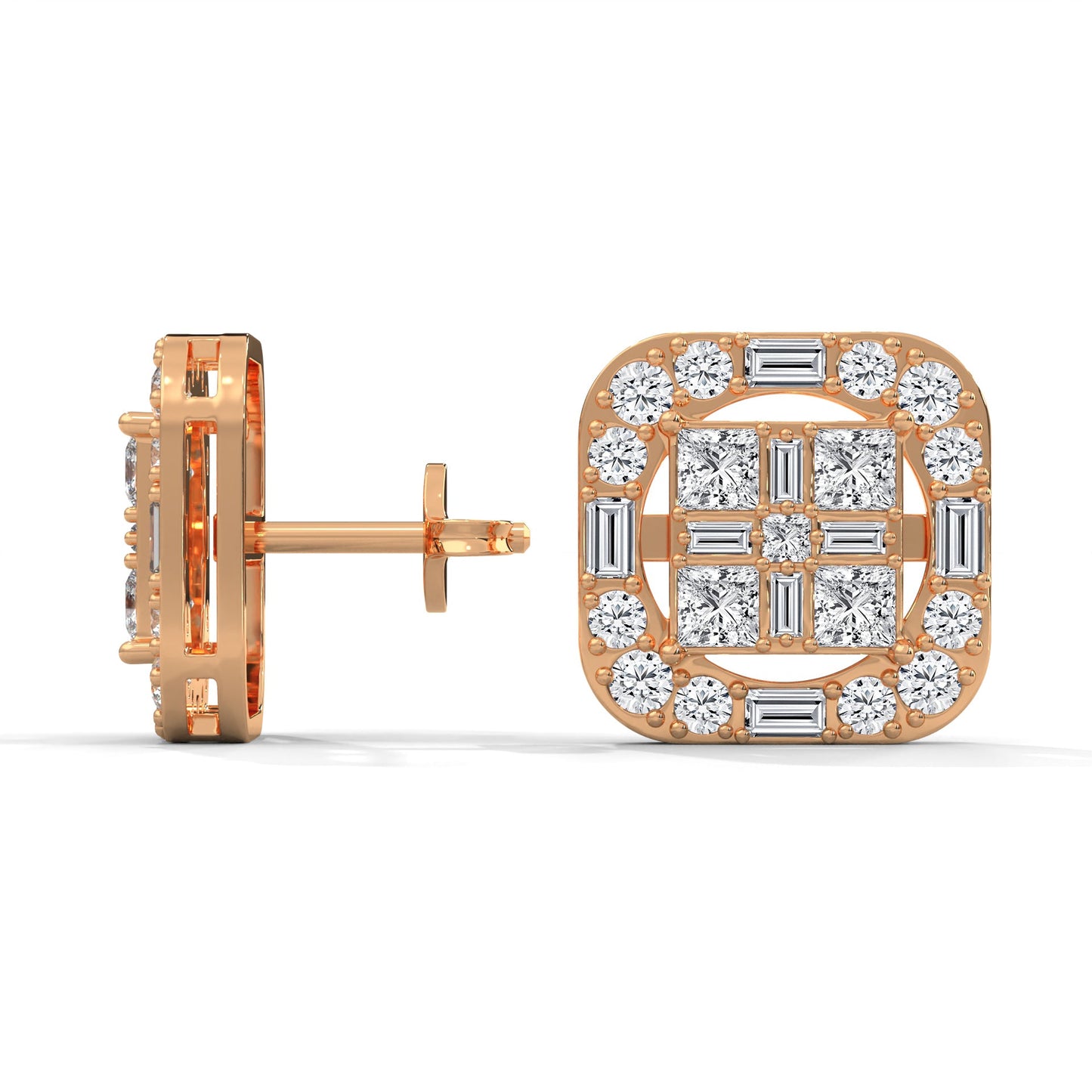 Square Princess & Baguette Diamond Halo Gold Earrings | 0.68 CTW