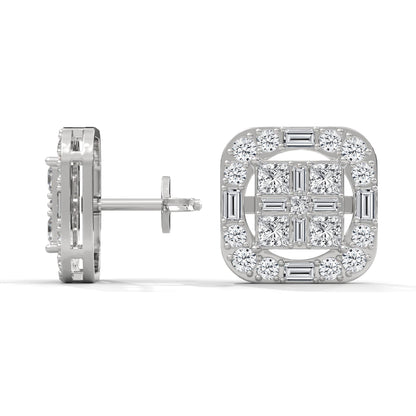 Square Princess & Baguette Diamond Halo Gold Earrings | 0.68 CTW