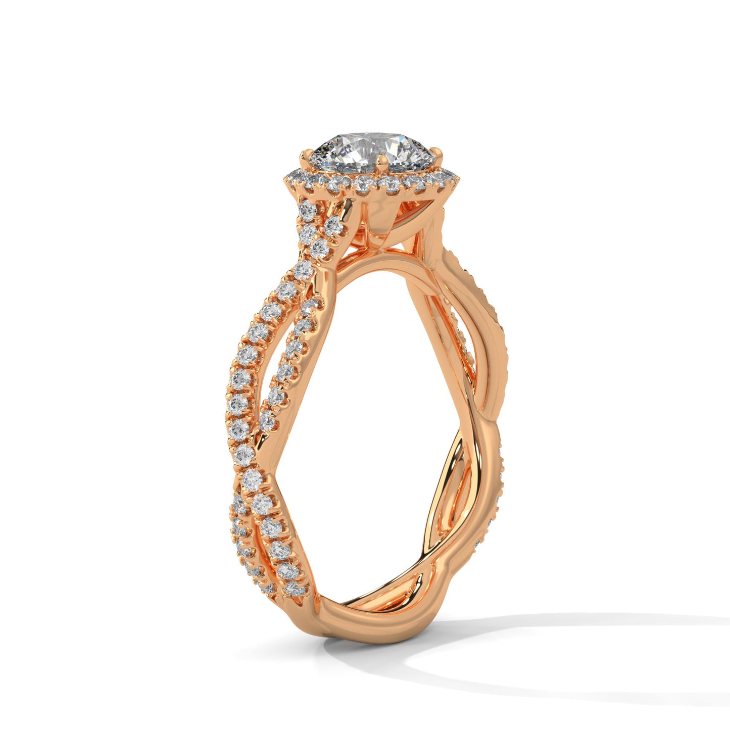 Twisted diamond-encrusted Band Halo Engagement Ring with 2ct Round-Cut Diamond(F VS1)