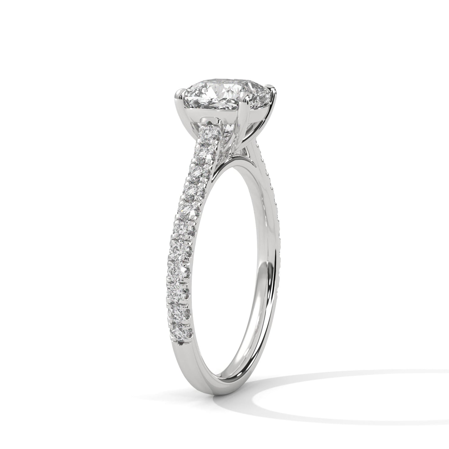 Cushion-Cut Engagement Ring Pave Band with 2ct Lab-Grown Diamond (F VS)