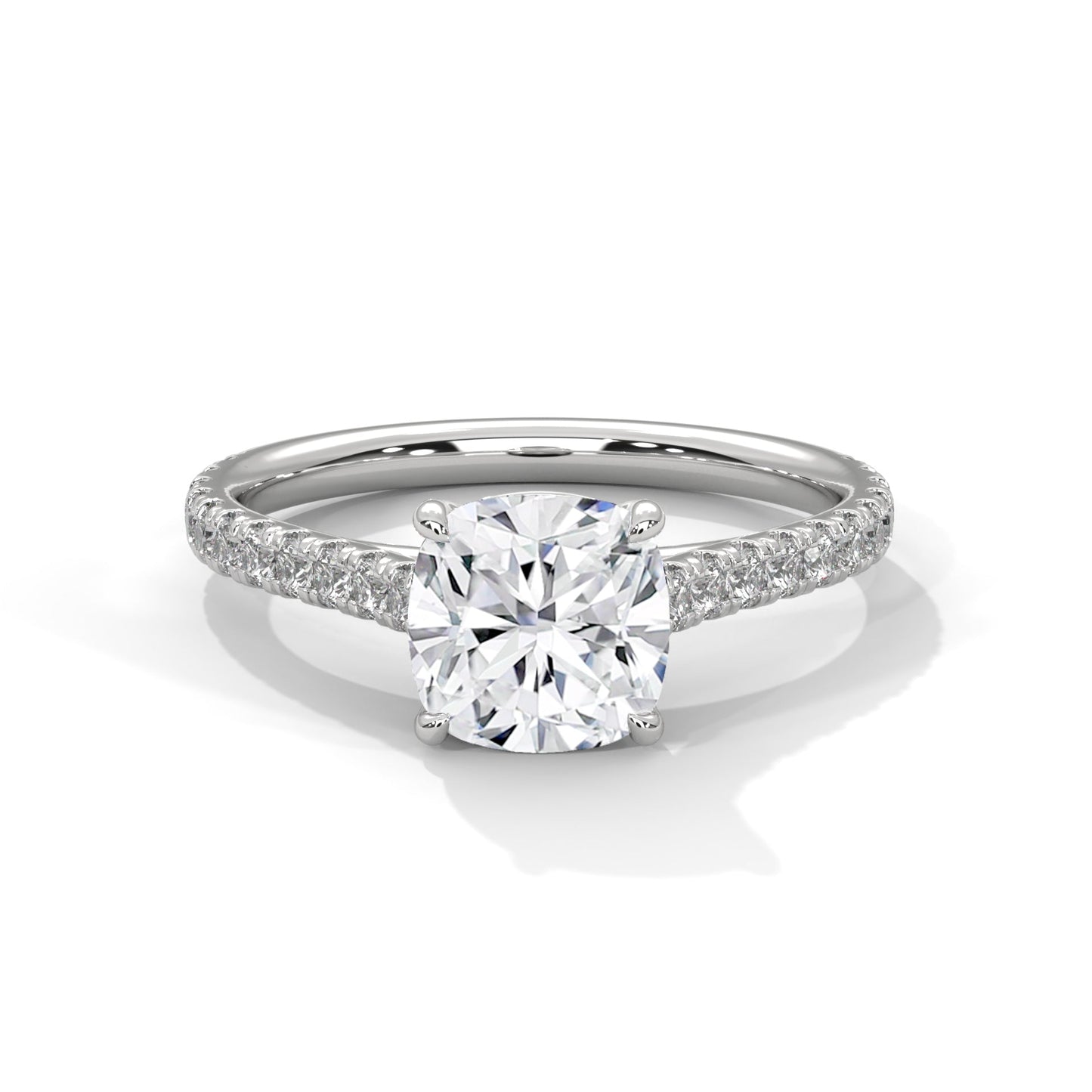 Cushion-Cut Engagement Ring Pave Band with 2ct Lab-Grown Diamond (F VS)